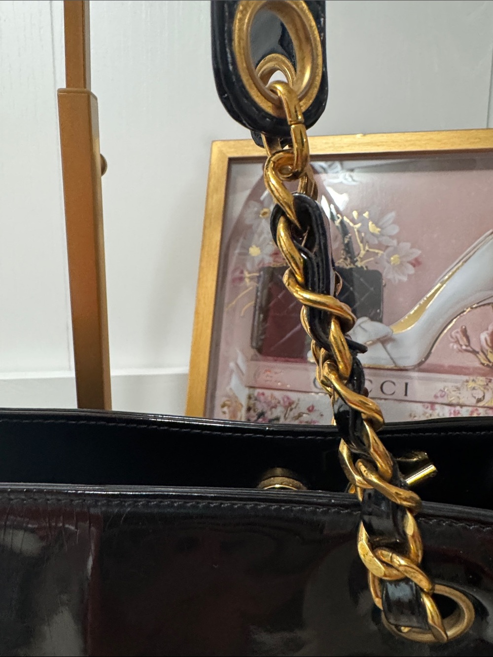 Black Patent Leather Shoulder Tote with Gold Hardware - Picture 4 of 17